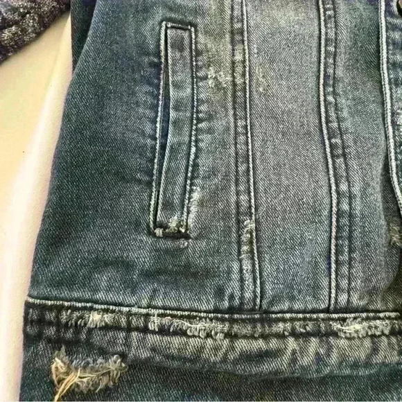Free People Denim And Knit Hooded Grunge Western Jacket in  Indigo Blue Small - Picture 13 of 13